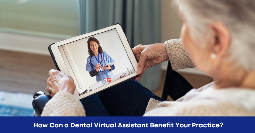 A dental virtual assistant talking to a patient on a tablet