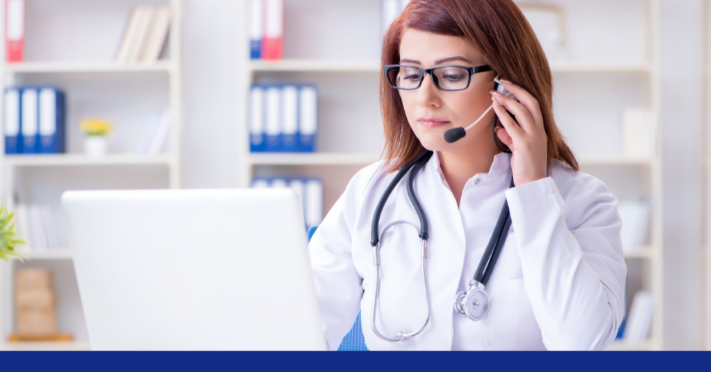 A working virtual medical receptionist with a headphone.